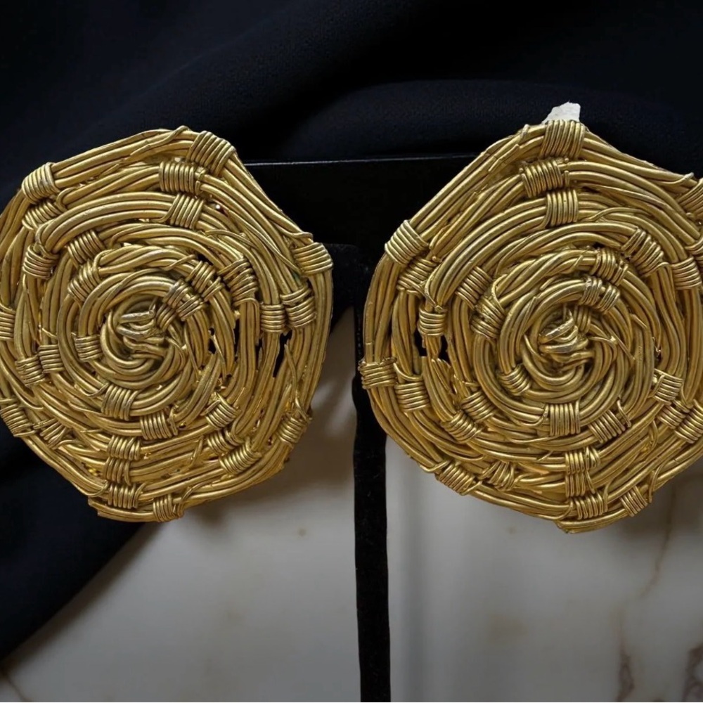 Vintage Gold Bamboo Woven Statement Clip Earrings